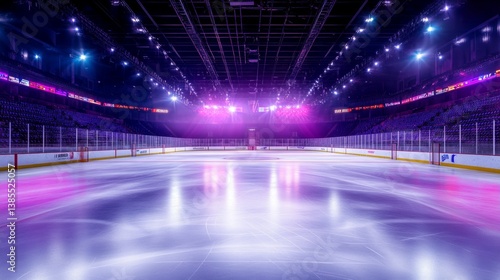 Illuminated ice hockey rink with empty surface under purple lights for sports event or promotional design