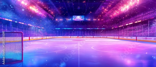 Ice hockey arena with vibrant lighting and empty ice surface for sports design event promotions and winter themes