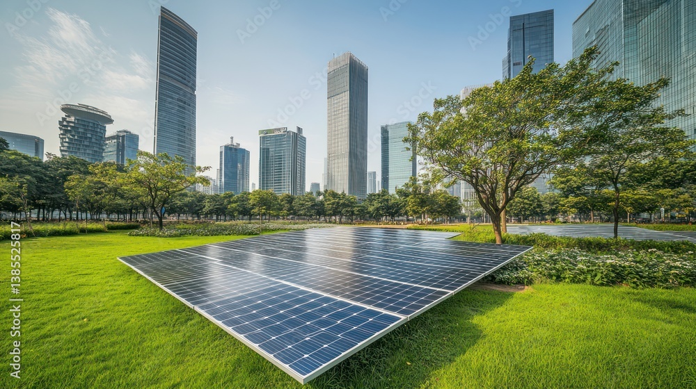 Naklejka premium Solar Panel Array in Urban Park with Tall Buildings in Background