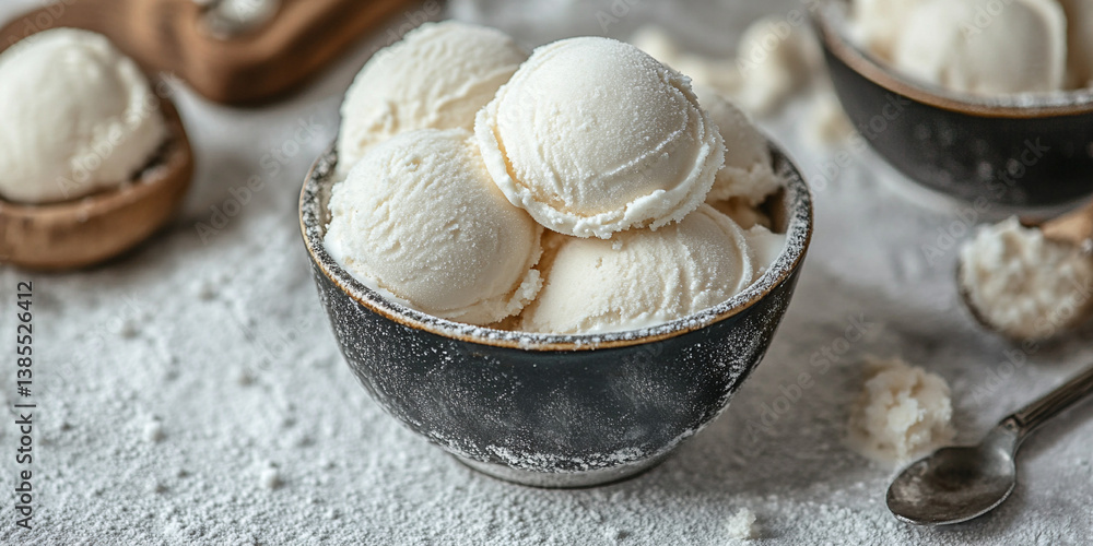 Fototapeta premium Natural ice cream scoops in a bowl on marble texture 