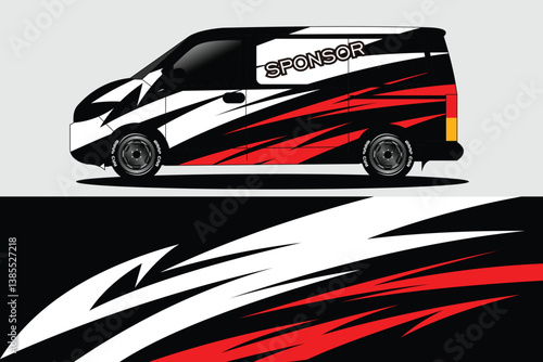 Stylish delivery van with dynamic red and black graphic design on a plain background