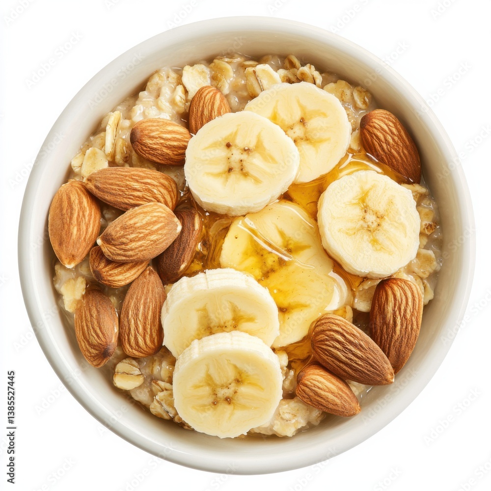A bowl of oatmeal with sliced bananas, almonds, and honey. Featuring warmth and nourishment A bowl of oatmeal with sliced bananas, almonds, and honey. Featuring warmth and nourishment