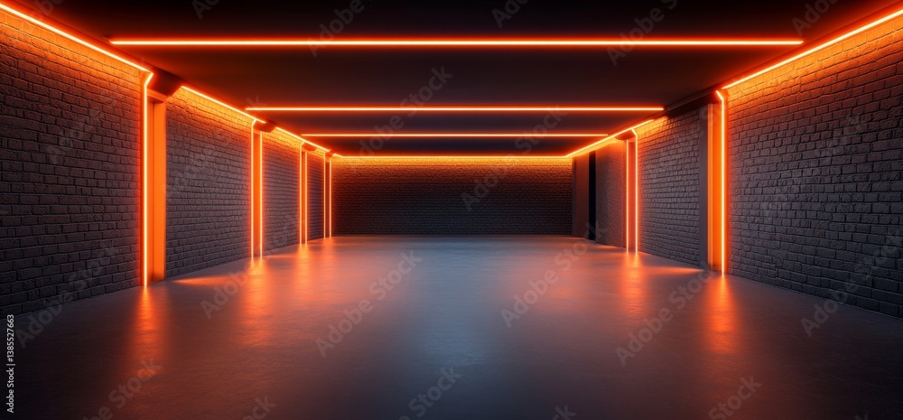 Fototapeta premium Neon Orange Garage Empty Interior with Brick Walls
