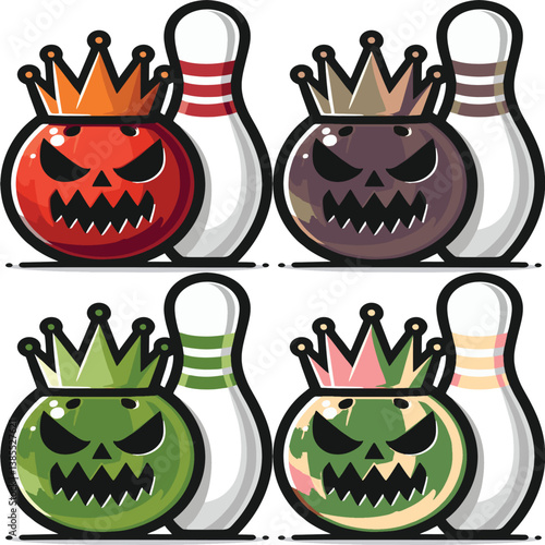 Bowling pin and ball with crown & scary face. Perfect for Halloween events, bowling tournaments, party invitations, or sports related designs