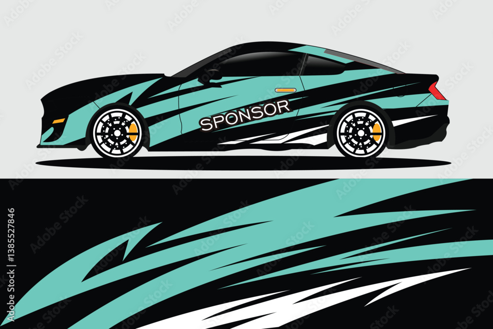 Obraz premium Stylized racing car in profile view with dynamic graphics and bold colors on a minimalist background