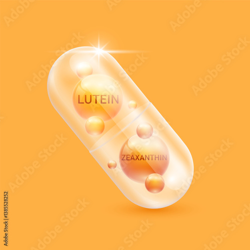 Orange lutein and zeaxanthin in translucent capsule. For design dietary supplement products. Natural extracts of marigold flowers. Help eyesight vision and healthy eye. Medical scientific. Vector.