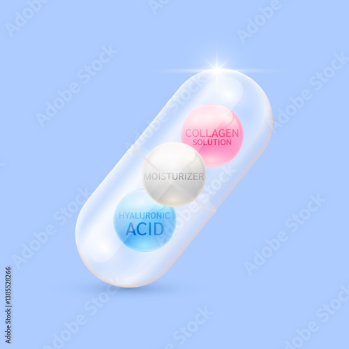 Moisturizer Hyaluronic acid serum blue Collagen solution pink in translucent capsule. Helps keep skin moisturized and youthful. For cosmetic ads medical beauty. Vector EPS10.