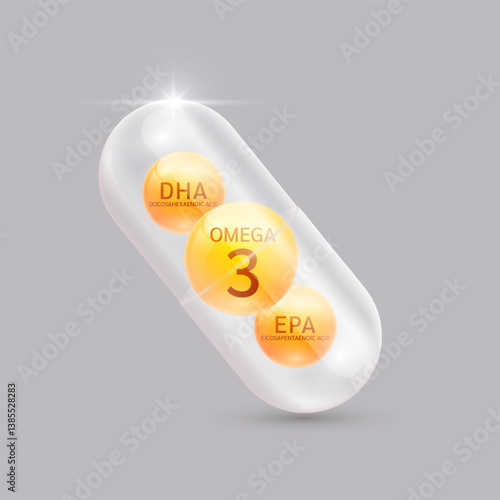 Fish oil omega 3 fatty acids DHA and EPA orange in translucent capsule. For nutrition products food health ads. Medical scientific concepts. 3D Vector illustration.