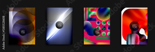 Abstract vibrant designs showcase fluid shapes, gradients, overlapping elements. Modern compositions utilize bright colors, dynamic lines, vector graphics. Stylish backgrounds suitable for diverse pro