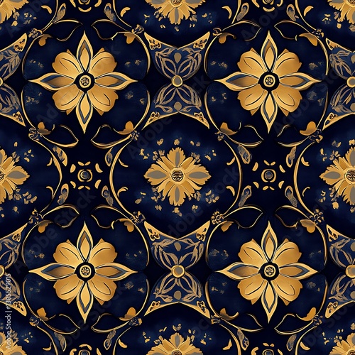 Elegant Floral Pattern in Gold and Deep Blue Color Scheme