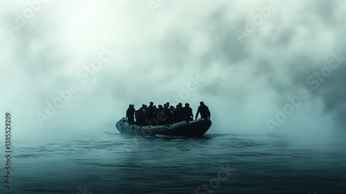 Silhouetted figures in a small boat navigate a foggy sea.