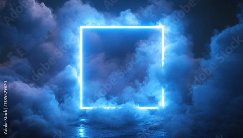 Bright neon square floating in a dense, surreal blue fog on a dark reflective surface, creating a futuristic and atmospheric scene.