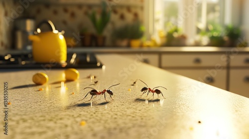Two ants on kitchen counter with crumbs, sunlight streaming through window.