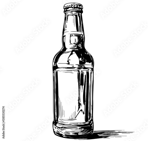 Illustration of a clear glass bottle with a metal cap and a shadow cast