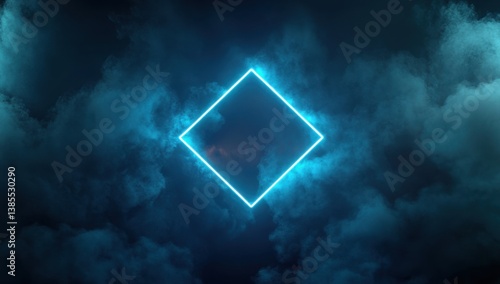 Bright cyan diamond-shaped neon frame floating in a dense, surreal fog, creating a futuristic and atmospheric digital scene.