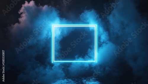 Bright cyan diamond-shaped neon frame floating in a dense, surreal fog, creating a futuristic and atmospheric digital scene.