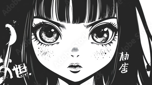 Close-up black and white illustration of an anime girl's face with intense expression.