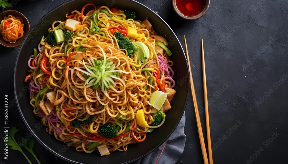 A colorful bowl of noodles enriched with fresh vegetables for a wholesome and nutritious meal experience A colorful bowl of noodles enriched with fresh vegetables for a wholesome and nutritious meal experience