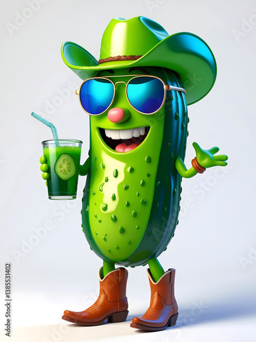 Happy funny cucumber cartoon styled figure holding a cucumber juice in his hand isolated background vibrant colours commercial ready 300 ppi image
