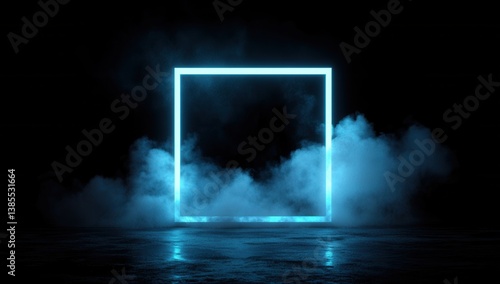 Bright cyan neon square floating in a dark space surrounded by thick blue smoke, creating a futuristic and atmospheric visual effect.