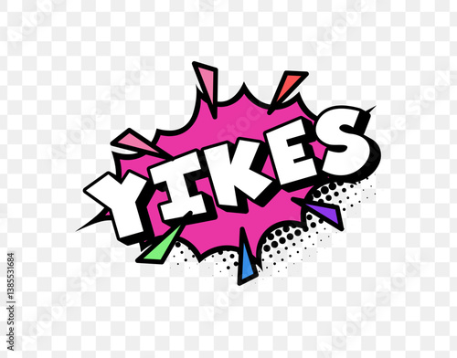 Comic Style Yikes Text in Pink Burst with Bold White Font and Halftone Dots, Perfect for Funny Reactions, Pop Art Designs, or Social Media Expressions. Bright and Playful. Vector Illustration.