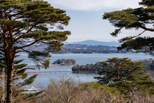 Aerial view of Matsushima near Sendai, Miyagi, Japan from Saigyo Modoshi no Matsu Park viewpoint