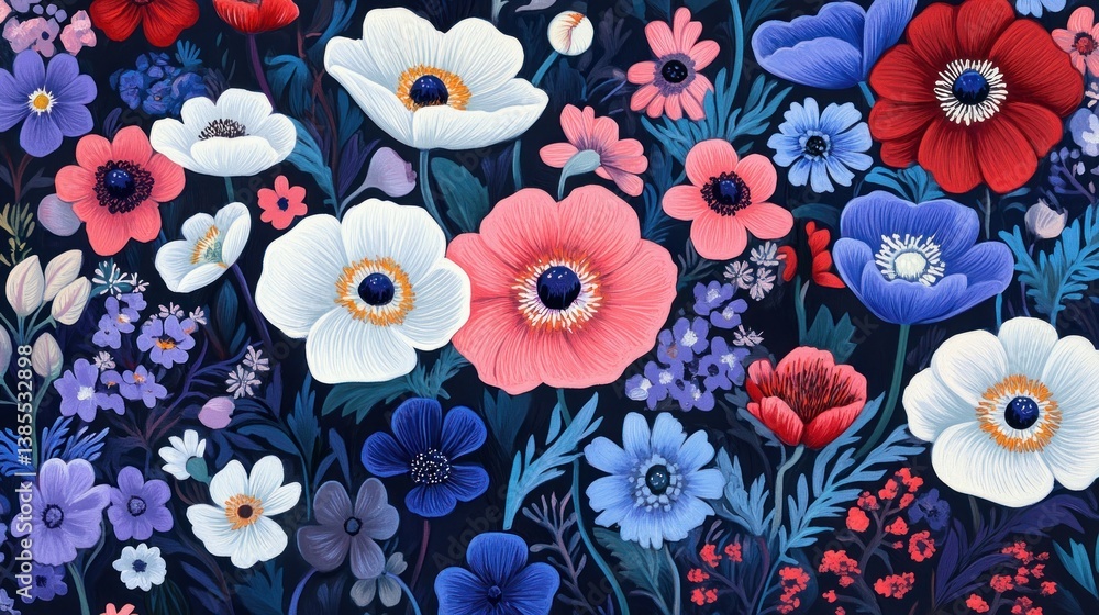 Vibrant illustration of a lush garden with various anemone flowers in red, pink, blue, and white hues against a dark background. Vibrant illustration of a lush garden with various anemone flowers in red, pink, blue, and white hues against a dark background.