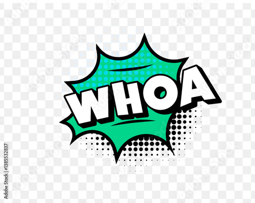 Comic Style Whoa Text in Green Burst with Halftone Dots and Bold White Font, Ideal for Surprised Reactions, Pop Art Designs, and Fun Expressions. Vibrant and Playful. Vector Illustration.