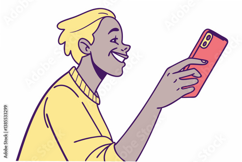 Vector art of a person holding a smartphone and smiling, only hand and phone visible, bright modern colors on a pure white background, minimal detail