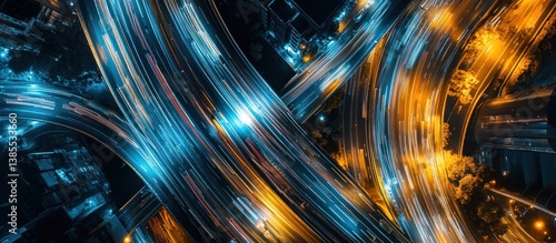 Aerial View of an Urban Highway Intersection at Night with Light Trails