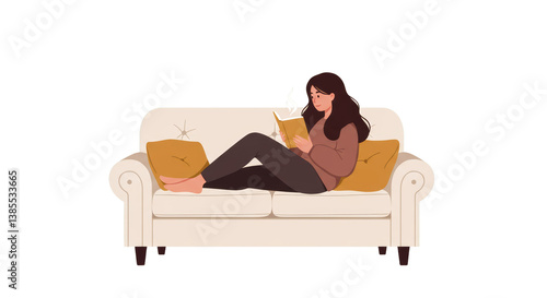 Woman Reading on Couch with Hot Drink Relaxing at Home