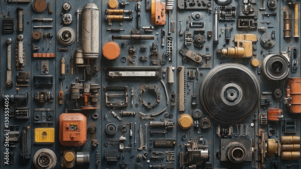 Detailed overhead shot of a wall covered in various industrial parts and tools. Detailed overhead shot of a wall covered in various industrial parts and tools.