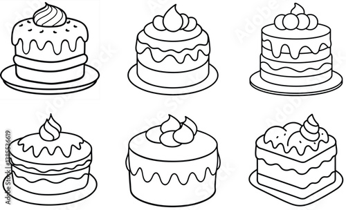 HandDrawn Assortment of Cakes Outline, Round Cakes, Desserts with Toppings, Plate Icons