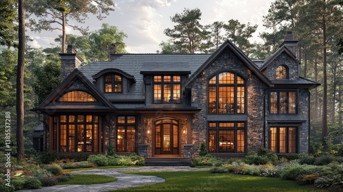 Luxury Stone Mansion in the Woods: Evening Ambiance