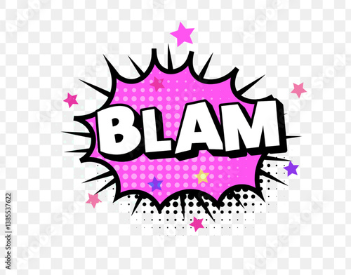 Comic Style Blam Text in Pink Burst with Stars and Halftone Dots, Perfect for Pop Art Posters, Superhero Sound Effects, and Fun Reactions. Bold, Colorful, and Energetic. Vector Illustration.