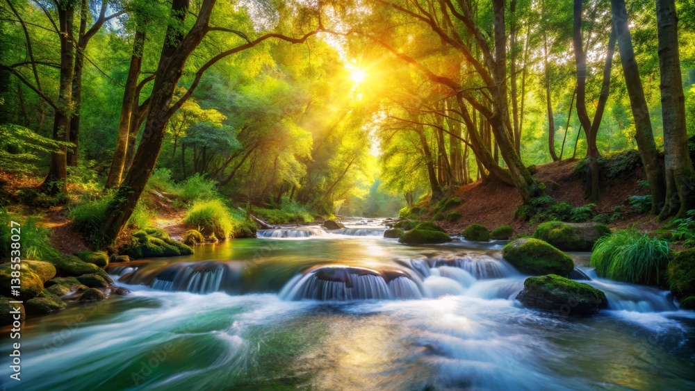Sunlit River Flowing Through Forest Sunlit River Flowing Through Forest