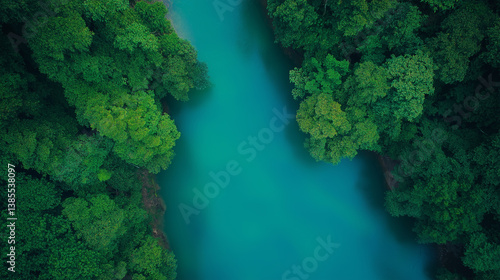 Fototapeta Naklejka Na Ścianę i Meble -  Aerial View of Lush Green River Flowing Through Forest.