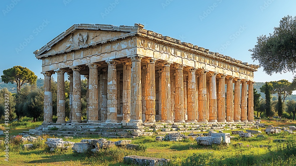 Fototapeta premium Ancient Temple of Paestum: The majestic Temple of Hera, a testament to classical architecture, stands proudly in Paestum, Italy, a symbol of historical grandeur under a clear, azure sky.