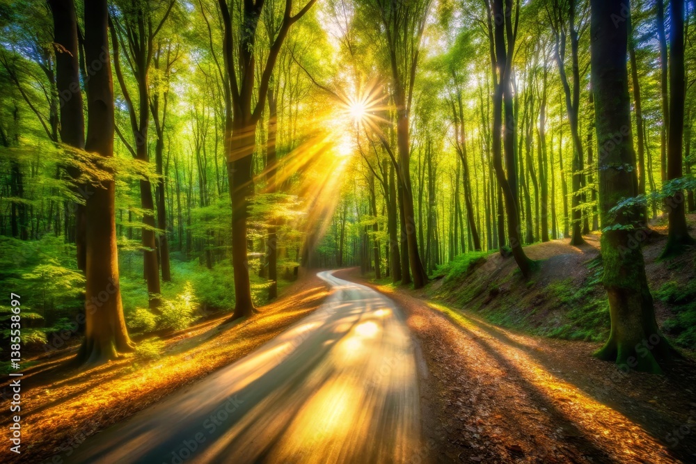 Obraz premium Sunlit Road Through Green Forest