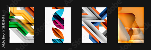 Abstract geometric designs present vibrant color palettes. Overlapping shapes create dynamic compositions, suitable for backgrounds or modern graphics. Clean lines, gradients define each panel.