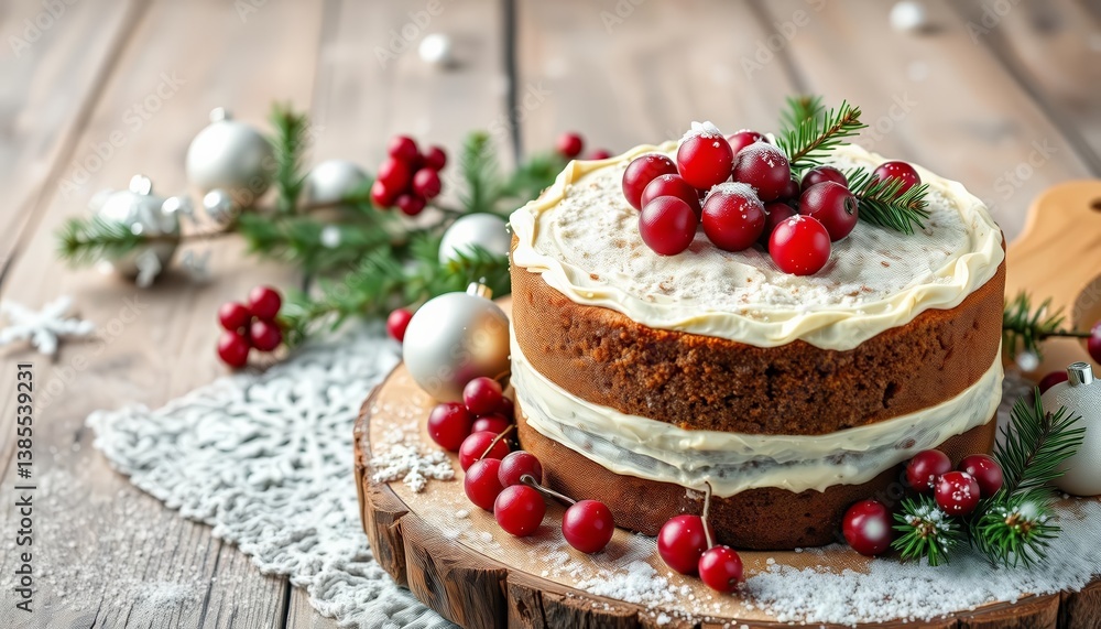 custom made wallpaper toronto digitalA festive Christmas cake with cranberries, nestled amongst pine and silver baubles on a wooden board, snow falling , christmas, holiday