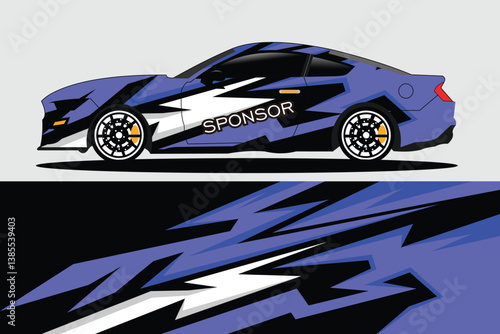 Sleek blue sports car with dynamic graphic design parked against a minimalist backdrop