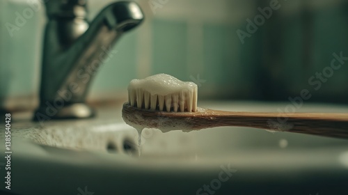 Daily oral care routine toothbrush with foaming toothpaste bathroom sink setting close-up view hygiene concept