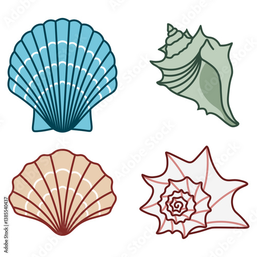 seashell flat illustration set, cute seashells