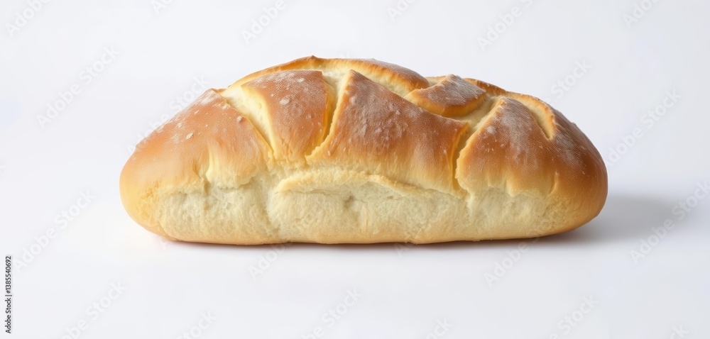 A fluffy, crusty white bread loaf, perfectly baked, sits alone against a stark white backdrop, airy, rustic A fluffy, crusty white bread loaf, perfectly baked, sits alone against a stark white backdrop, airy, rustic