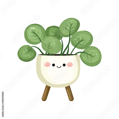 Adorable Pilea Peperomioides Vector Illustration: Kawaii Chinese Money Plant in Smiling Pot.

