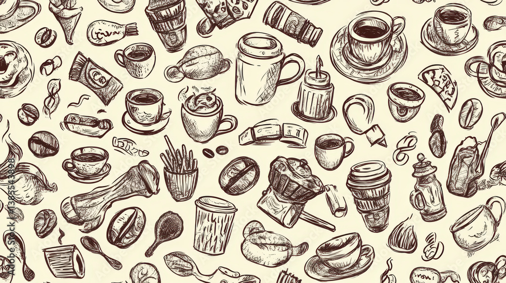Hand-sketched coffee doodles creating a detailed pattern Hand-sketched coffee doodles creating a detailed pattern