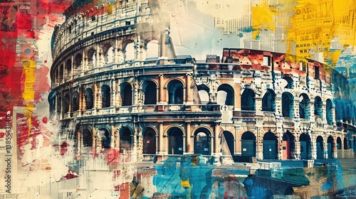 A vibrant pop art collage of ancient Roman architecture created from colorful newspaper fragments. A tourist card with historical details and contemporary art.