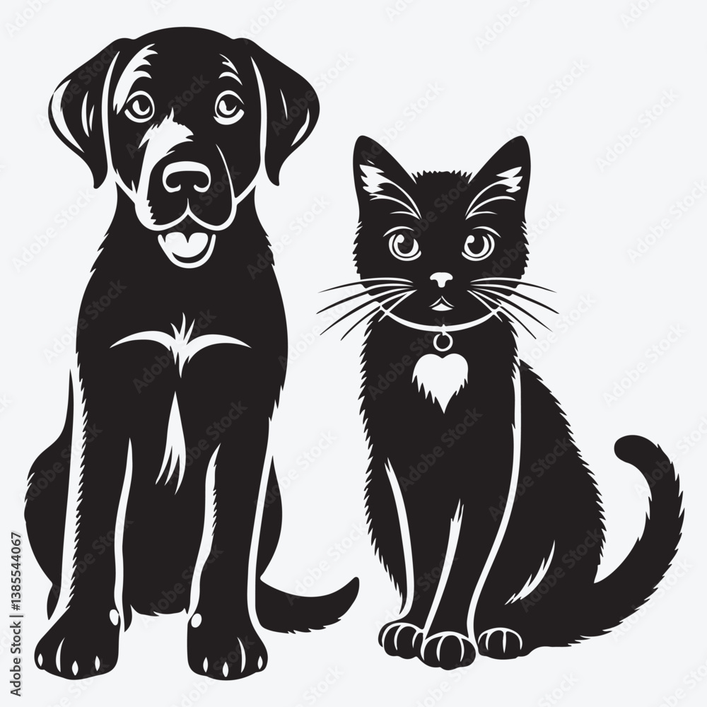 Fototapeta premium Black dog and cat paw prints on a white background stock illustration