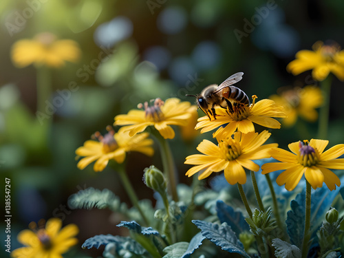 Small yellow bright summer flowers and bee on a background of blue and green foliage in a fairy garden. Macro artistic image. Banner format.